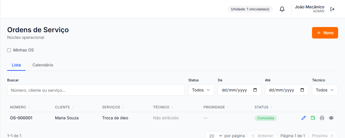 Tela de Ordens de Serviço com status de cada atendimento