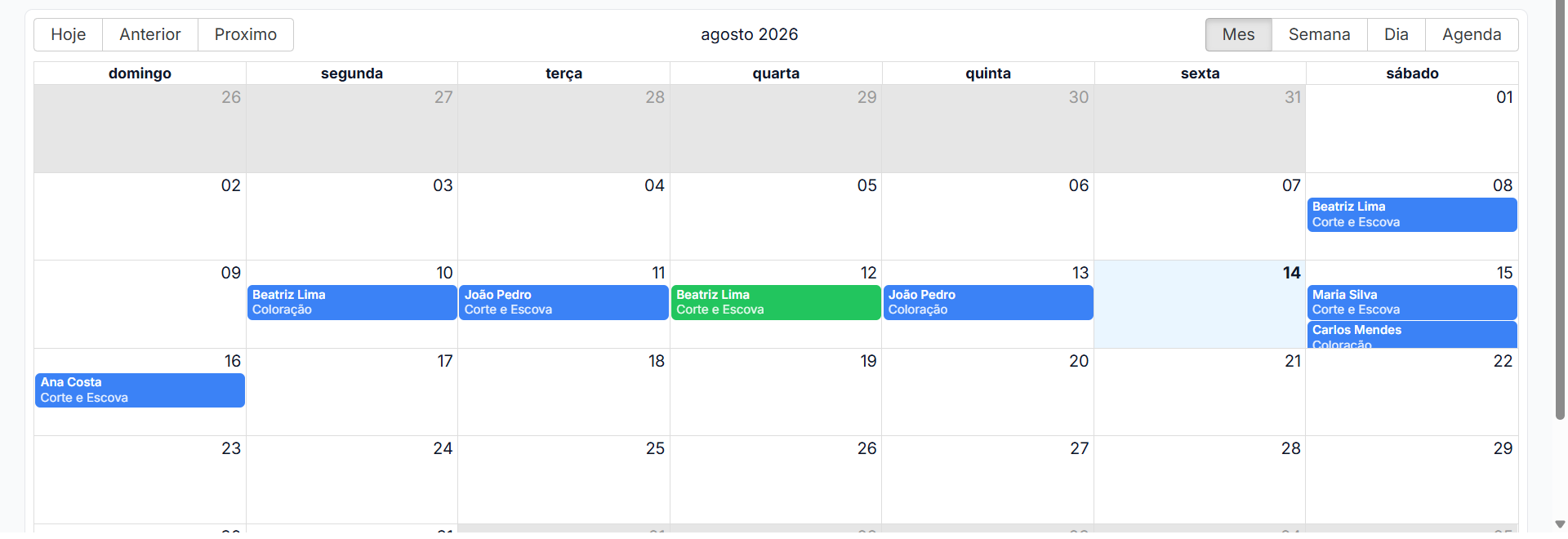 Calendário de agendamentos da LUPA Smart Service, com a semana cheia de horários marcados